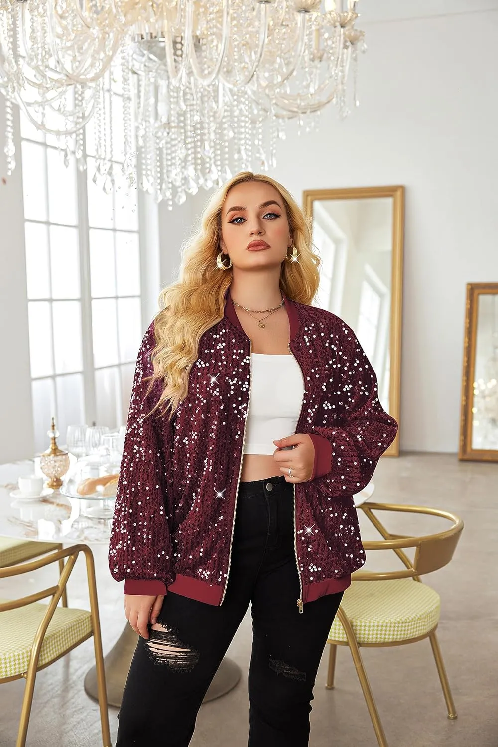 IN'VOLAND Womens Sequin Jacket Plus Size Sparkle Long Sleeve Jackets Front Zip Loose Casual Blazer Bomber Jacket with Pockets