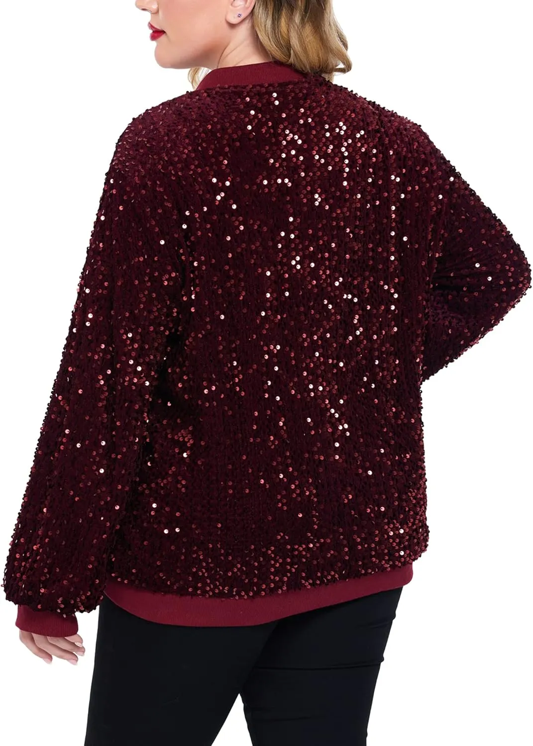 IN'VOLAND Womens Sequin Jacket Plus Size Sparkle Long Sleeve Jackets Front Zip Loose Casual Blazer Bomber Jacket with Pockets