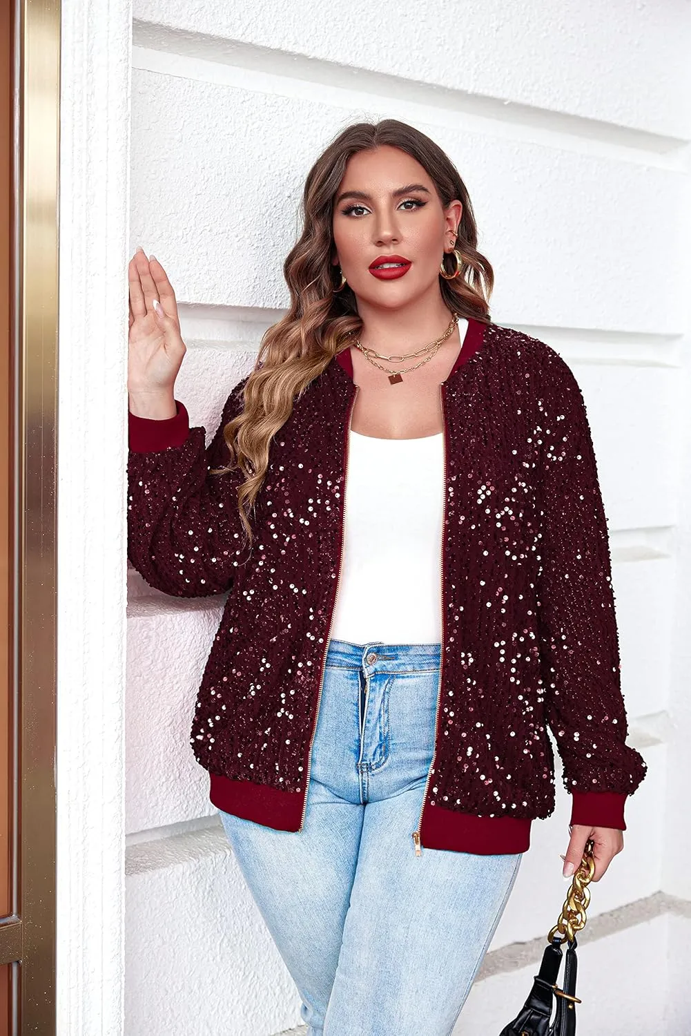 IN'VOLAND Womens Sequin Jacket Plus Size Sparkle Long Sleeve Jackets Front Zip Loose Casual Blazer Bomber Jacket with Pockets