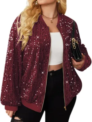 IN'VOLAND Womens Sequin Jacket Plus Size Sparkle Long Sleeve Jackets Front Zip Loose Casual Blazer Bomber Jacket with Pockets