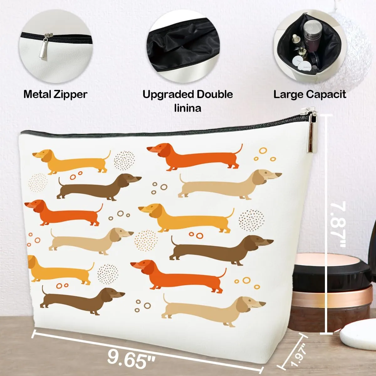 JioJio Chan Cute Dachshund Makeup Bag for Women, Funny Dachshund PU Leather Makeup Cosmetic Bag for Purse, Weiner Dog Mom Gifts Pouch, Lovers Gifts