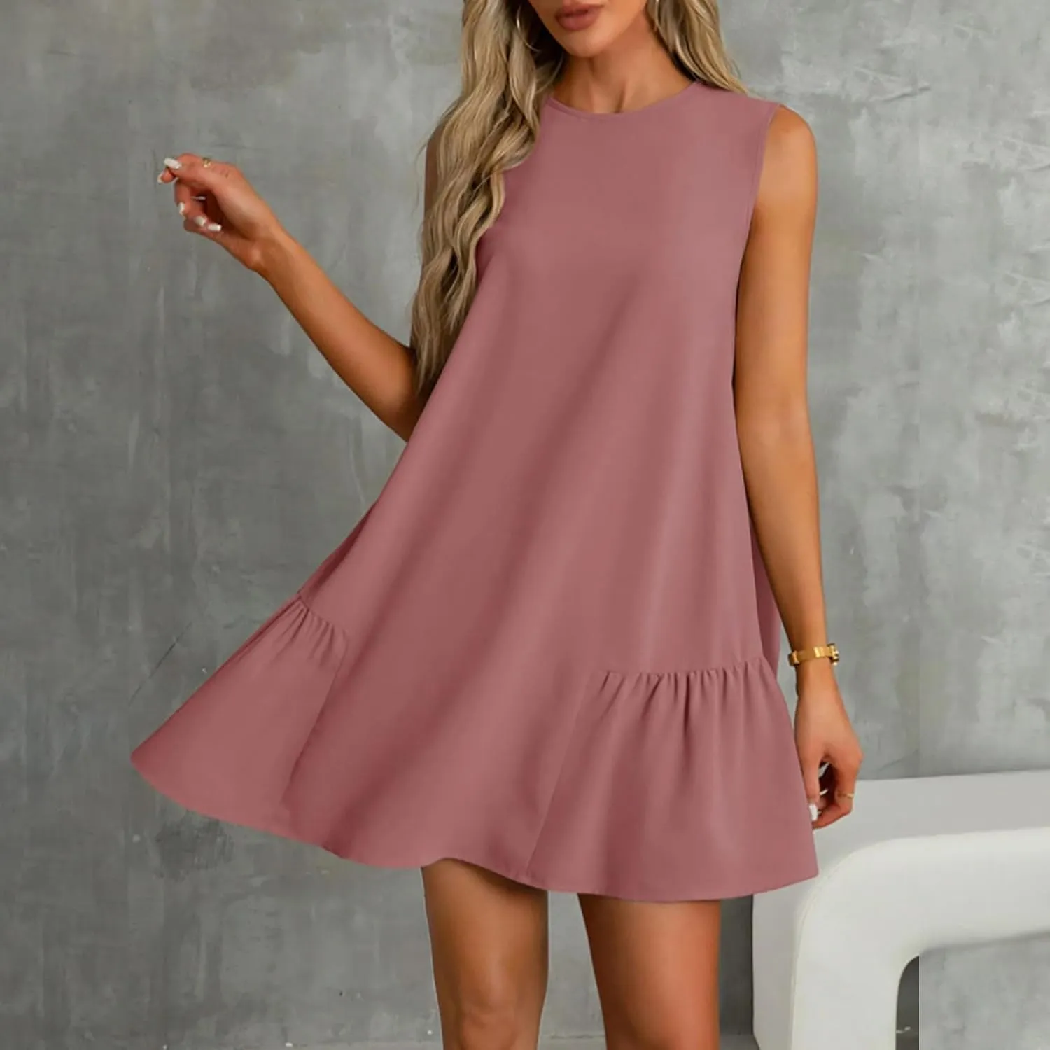JOAU Summer Dresses for Women 2025 Crew Neck Sleeveless Keyhole Back Beach Sundress Casual Flowy Ruffle Hem Mini Tank Dress