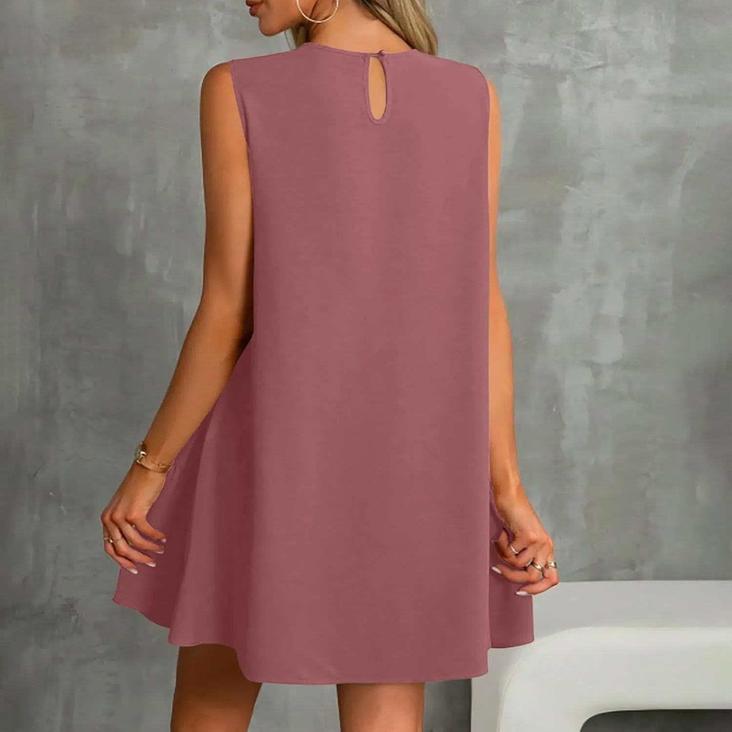 JOAU Summer Dresses for Women 2025 Crew Neck Sleeveless Keyhole Back Beach Sundress Casual Flowy Ruffle Hem Mini Tank Dress