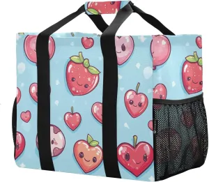 JUNZAN Cute Strawberries Utility Bag Foldable Beach Bags Waterproof Shopping Bags Reusable Canvas Carrying Tote