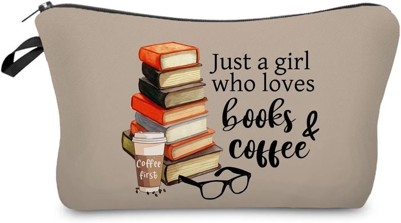 Just Love Books And Coffee Makeup Bag Small Organizer Zipper Pouch Simple Books Coffee Cosmetic Bag Present for Coffee Lovers Bookworms Women