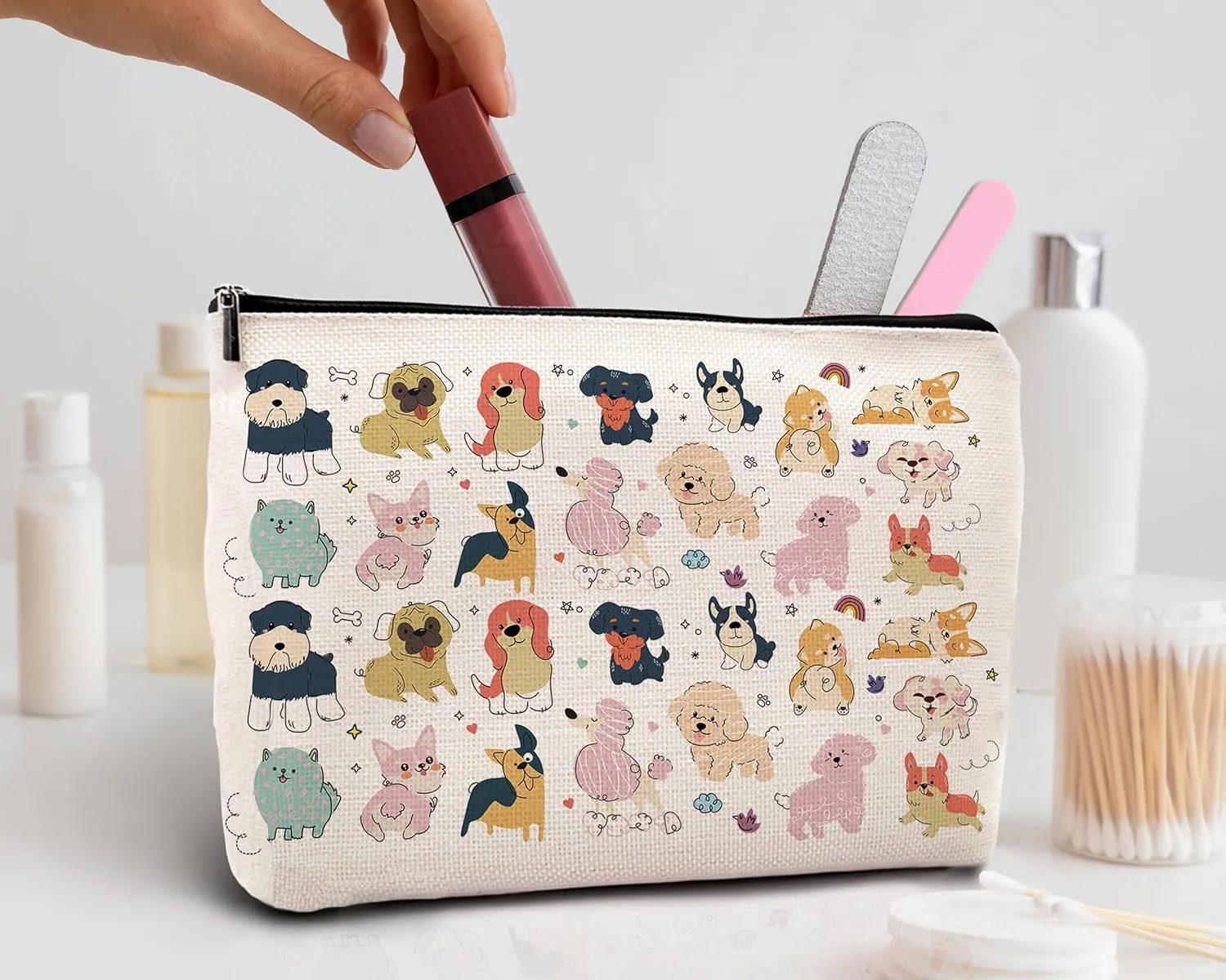 Kdqua Cute Puppy Makeup Bag, Dog Mom Gifts, Cartoon Animal Paw Stuff Linen Cosmetic Bag Zipper Pouch Travel Organizer