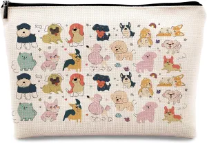 Kdqua Cute Puppy Makeup Bag, Dog Mom Gifts, Cartoon Animal Paw Stuff Linen Cosmetic Bag Zipper Pouch Travel Organizer