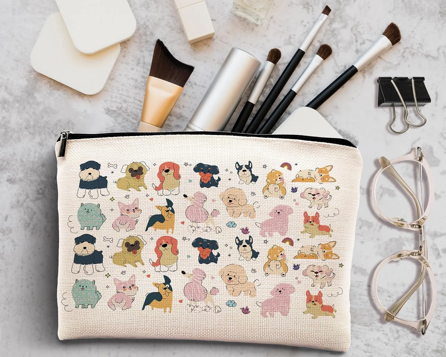 Kdqua Cute Puppy Makeup Bag, Dog Mom Gifts, Cartoon Animal Paw Stuff Linen Cosmetic Bag Zipper Pouch Travel Organizer