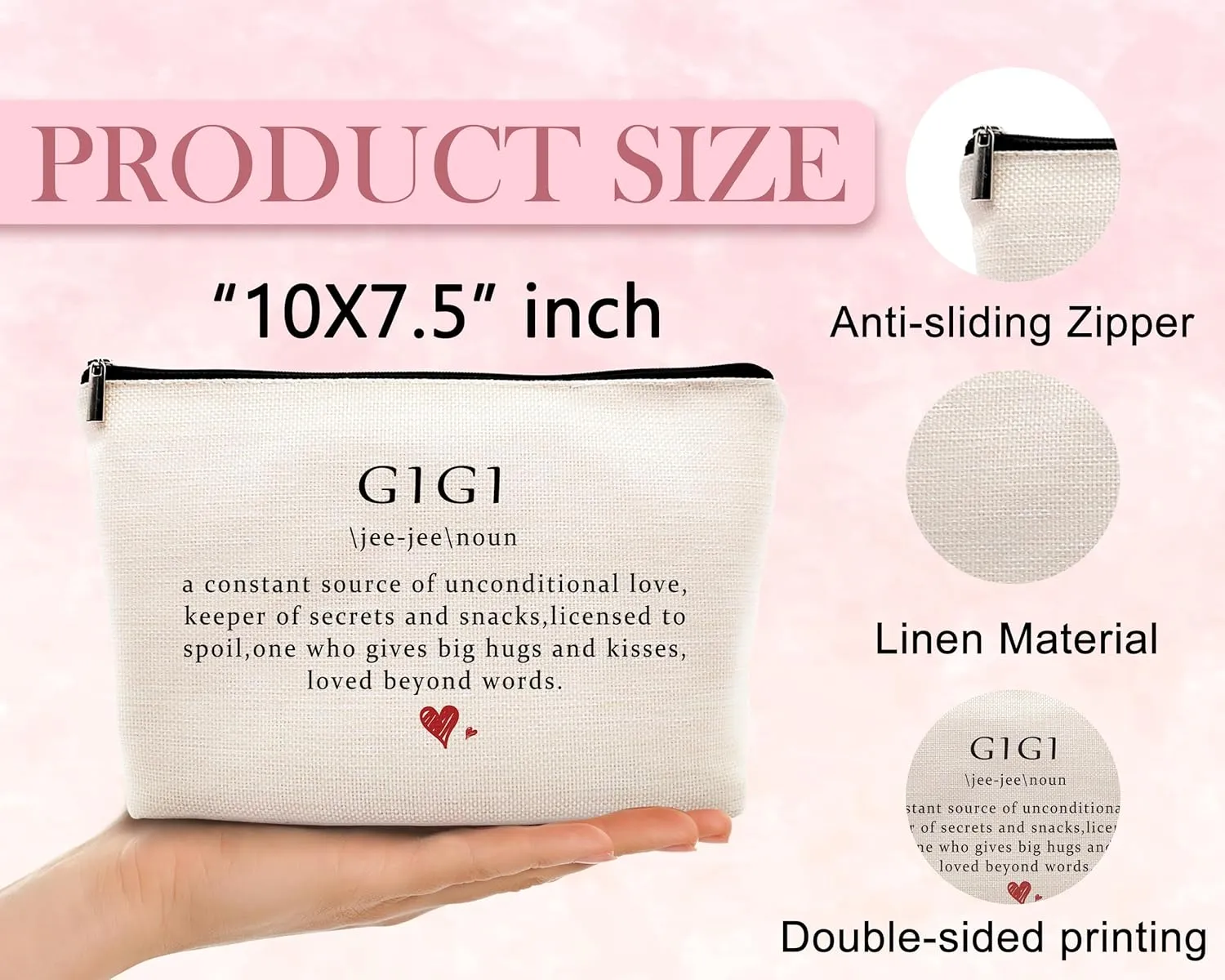 kdqua Gigi Definition Makeup Bag, Mothers Day Birthday Retirement Gifts from Granddaughter, Appreciation Gifts for Grandma, Mimi Nana Linen Cosmetic Bag Zipper Pouch Travel Organizer Toiletry Bag