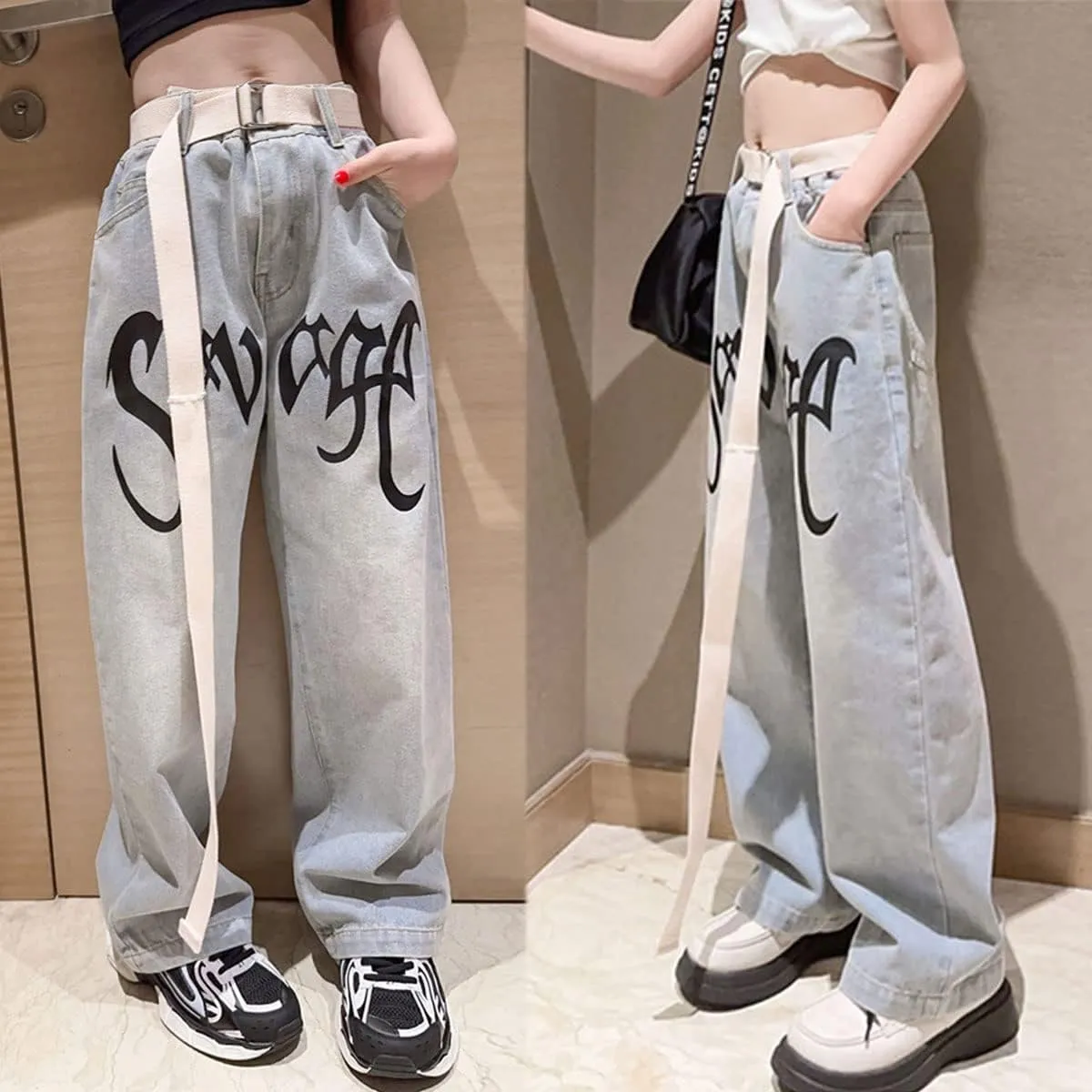 Kids Girls Ripped Distressed Washed Baggy Wide Leg Casual Jeans Size 5-14 yrs