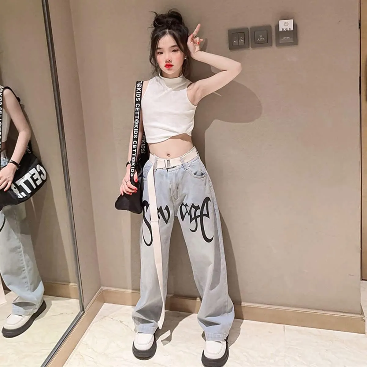 Kids Girls Ripped Distressed Washed Baggy Wide Leg Casual Jeans Size 5-14 yrs