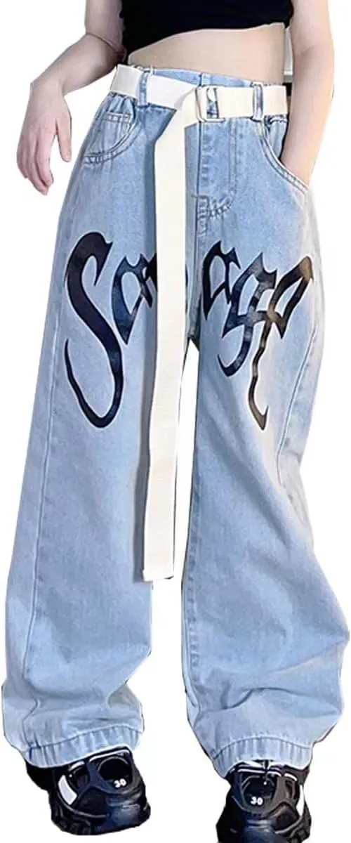 Kids Girls Ripped Distressed Washed Baggy Wide Leg Casual Jeans Size 5-14 yrs