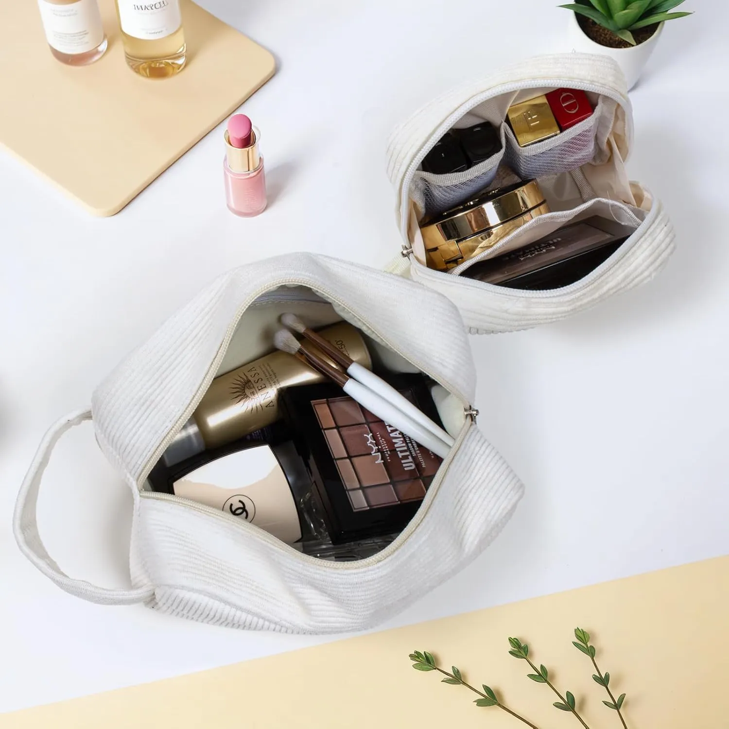 KOTORA 2 Pcs Corduroy Makeup Bag for Purse, Makeup Bag Zipper Pouch Travel Accessories,Small Aesthetic MakeUp Organizer Bag, Coin Purse Travel Toiletry Small Makeup Pouch For Women (F-Beige)