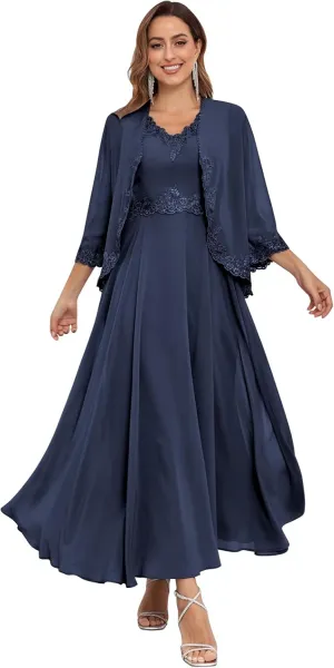 Lace Sequin 2 Piece Mother of The Bride Dresses with Jackets Chiffon 3/4 Sleeve Formal Gowns for Wedding