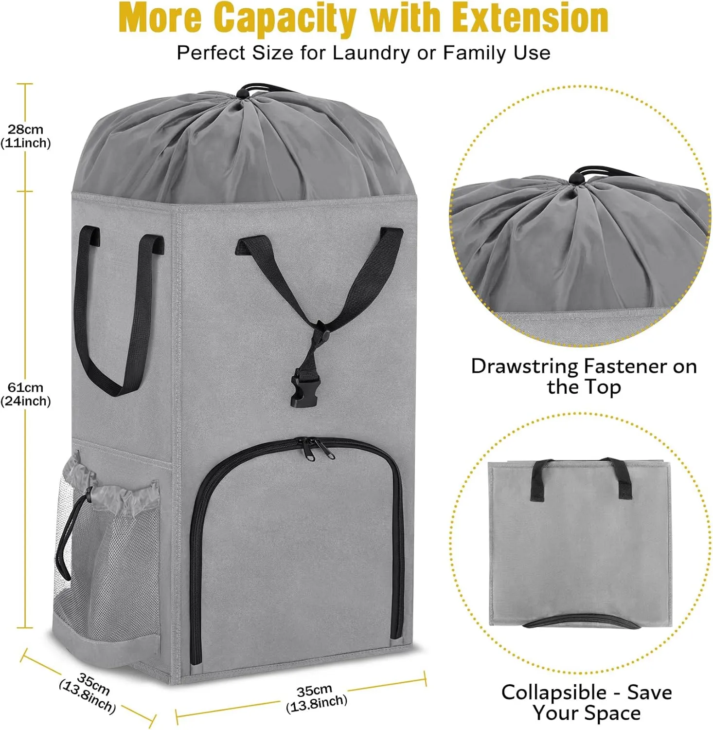 Laundry Bag Backpack Extra Large 110L, Stand up Travel Heavy Duty Landry Bags with Shoulder Straps, Collapsible and Extension Laundry Basket Hamper Bag for College Dorm, Laundromat, Apartment, Grey
