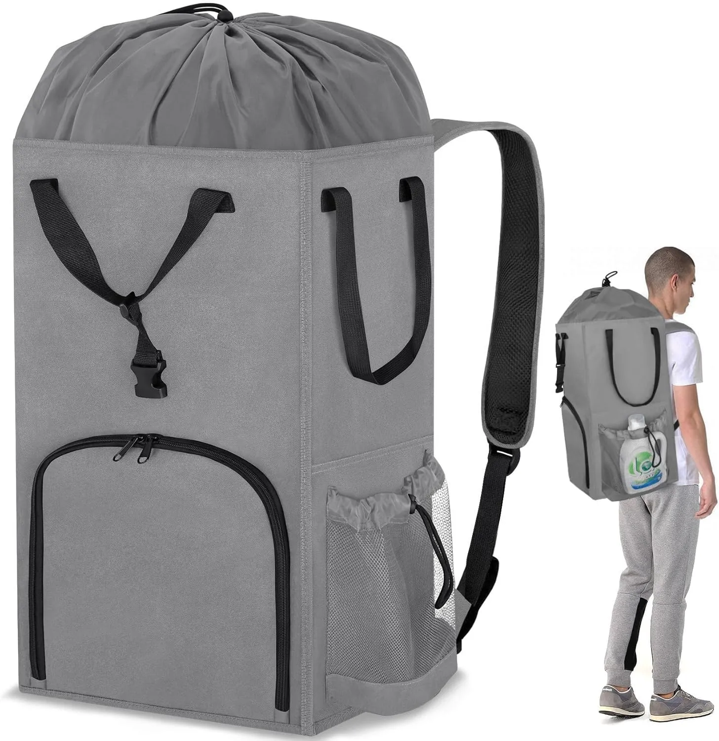Laundry Bag Backpack Extra Large 110L, Stand up Travel Heavy Duty Landry Bags with Shoulder Straps, Collapsible and Extension Laundry Basket Hamper Bag for College Dorm, Laundromat, Apartment, Grey