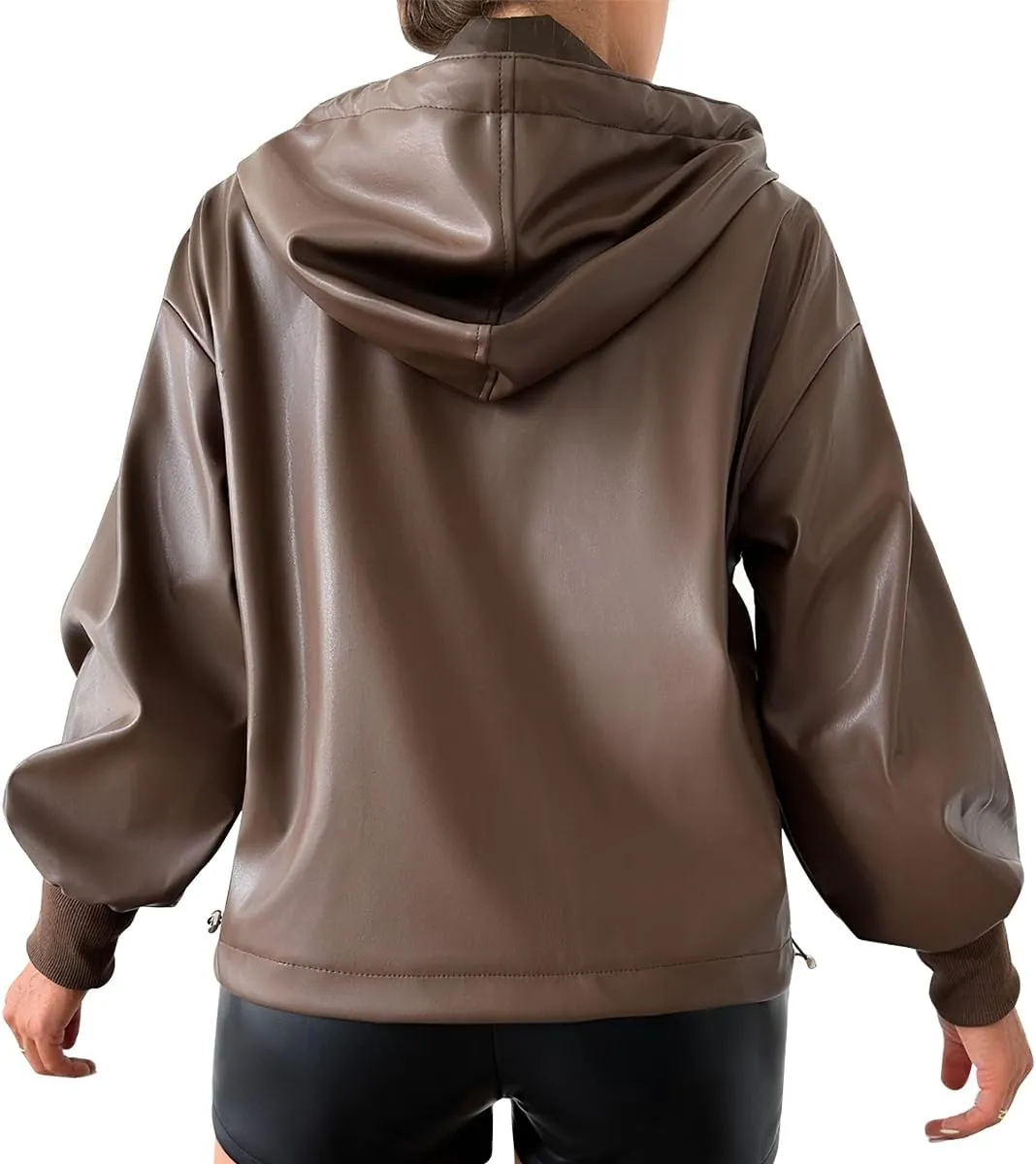 Leather Jacket Women Oversized Hoodies Jacket Moto Biker Zip Up Open Front Coat Outwear
