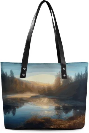 Leather Tote Bag Crossbody Bags for Women Fashion Top Handle Handbag Sunrise over Mountain Forest Lake Ladies Shoulder Bags Casual Beach Bag Gym Bages Ladies Purses for Shopping Work Travel