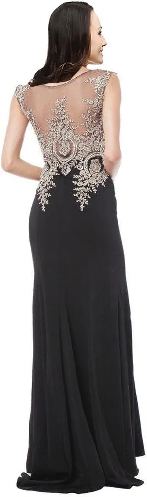 Lemai Spandex Mermaid Long Sheer Gold Crystals Lace Prom Evening Dresses