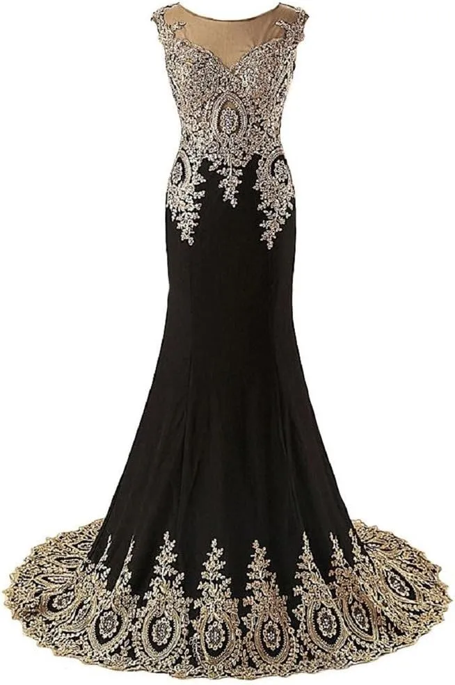 Lemai Spandex Mermaid Long Sheer Gold Crystals Lace Prom Evening Dresses