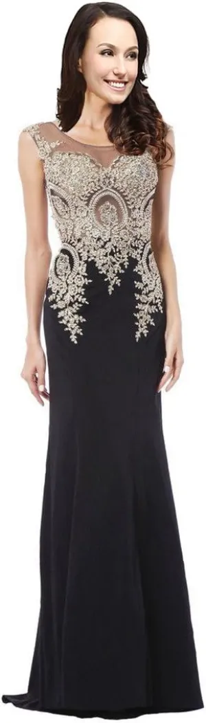 Lemai Spandex Mermaid Long Sheer Gold Crystals Lace Prom Evening Dresses
