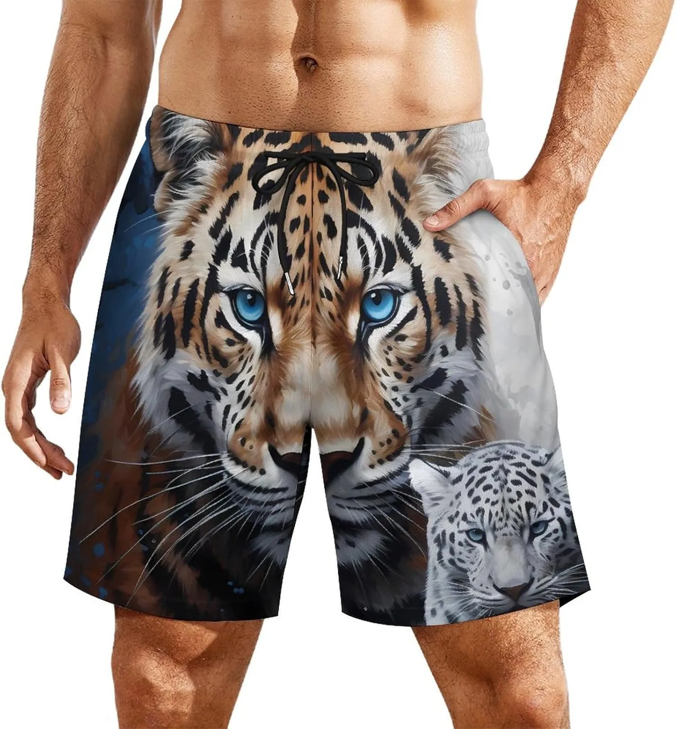 Leopards and Wildcat Men's Swim Trunks with Compression Liner Beach Swimming Shorts with Drawstring and Pockets