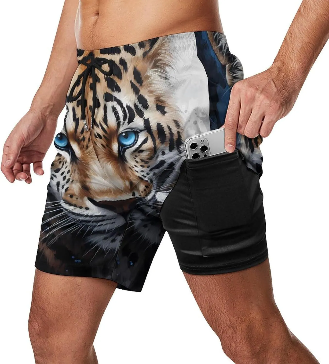 Leopards and Wildcat Men's Swim Trunks with Compression Liner Beach Swimming Shorts with Drawstring and Pockets