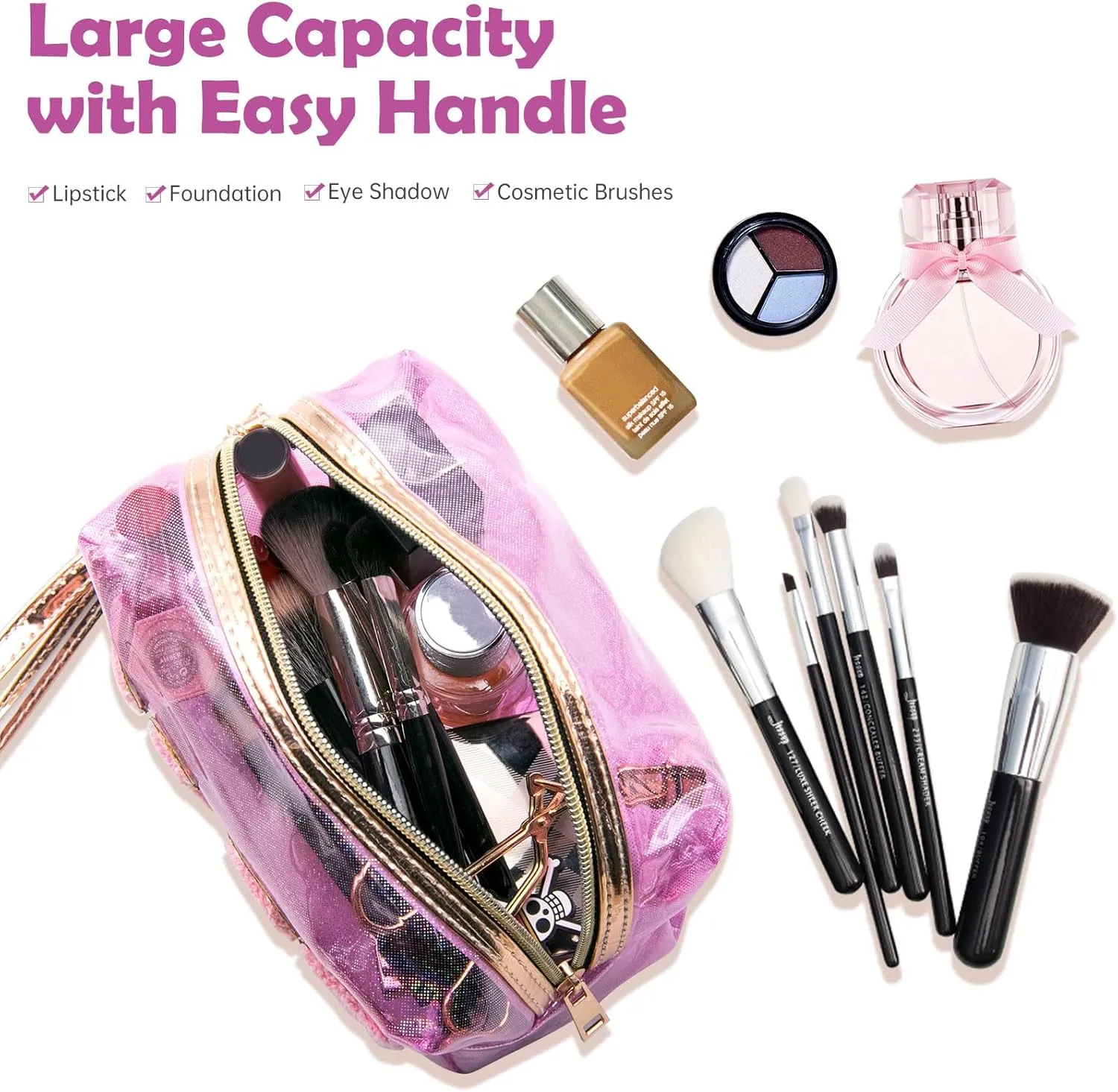 Long Keeper Clear Cosmetic Bag Waterproof Letter Make Up Bag Women Travel Makeup Organizer Bag Toiletry Bag with Handle Strap (Pink)