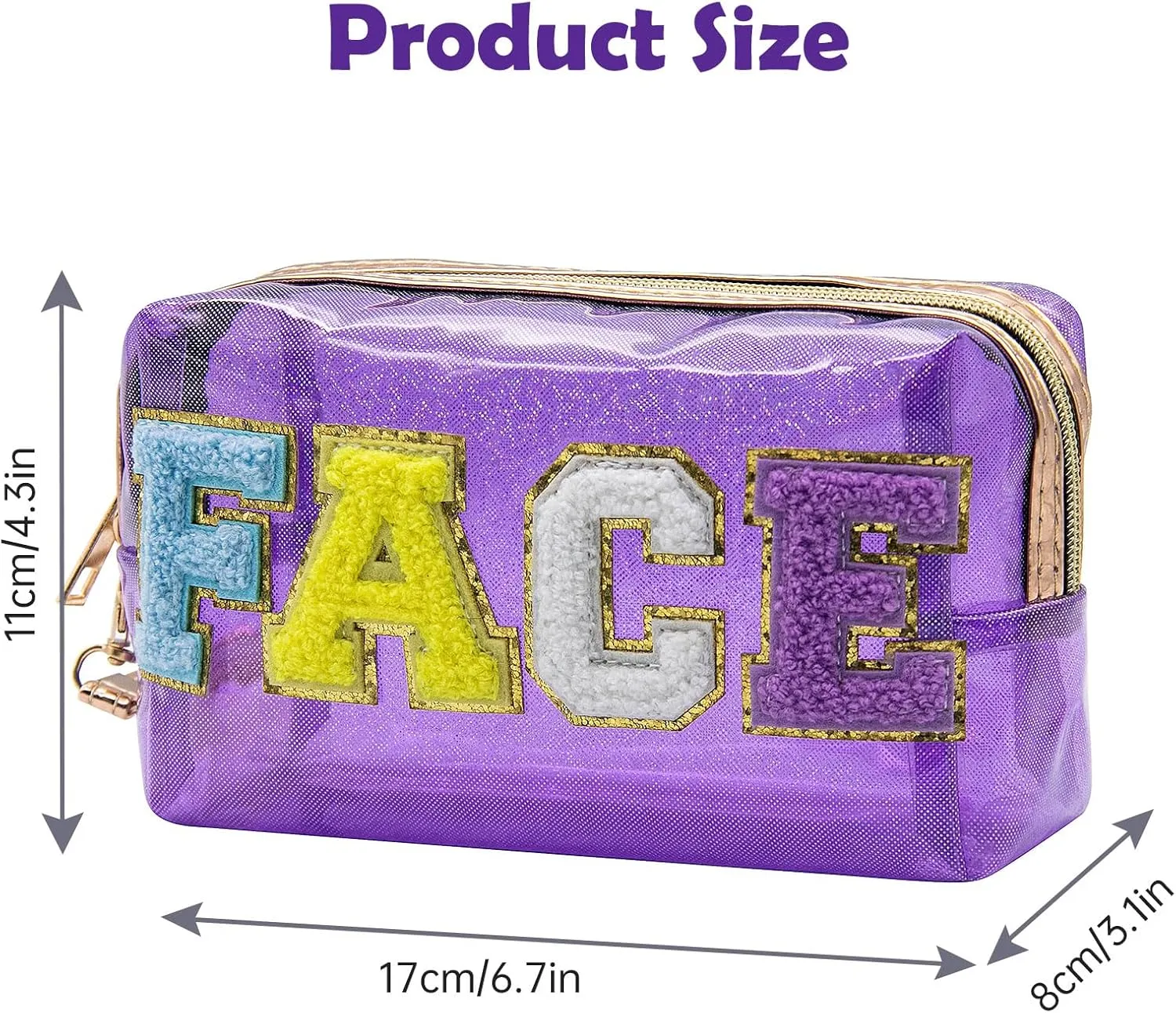 Long Keeper Clear Cosmetic Bag Waterproof Letter Make Up Bag Women Travel Makeup Organizer Bag Toiletry Bag with Handle Strap (Purple)