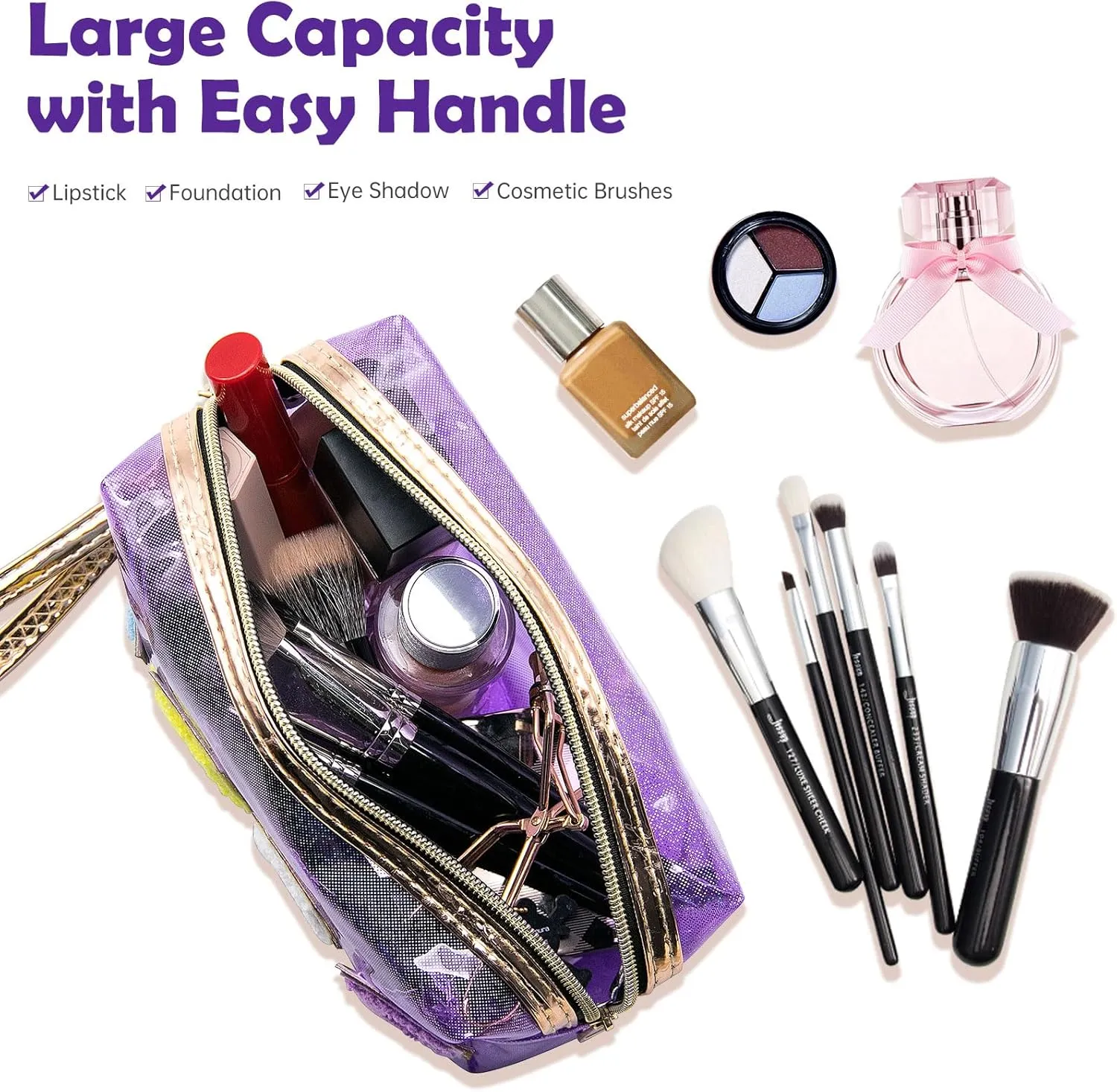 Long Keeper Clear Cosmetic Bag Waterproof Letter Make Up Bag Women Travel Makeup Organizer Bag Toiletry Bag with Handle Strap (Purple)