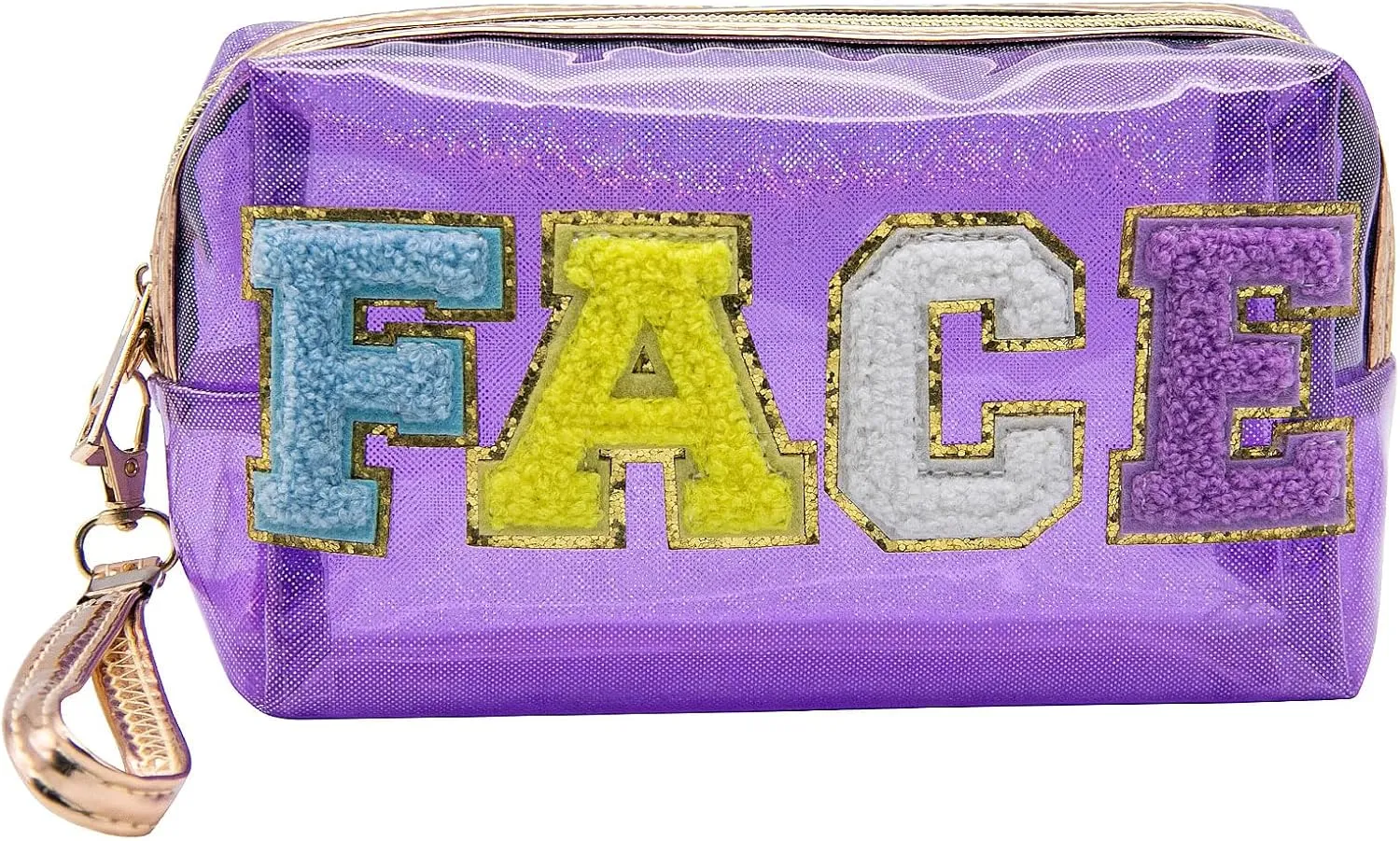 Long Keeper Clear Cosmetic Bag Waterproof Letter Make Up Bag Women Travel Makeup Organizer Bag Toiletry Bag with Handle Strap (Purple)