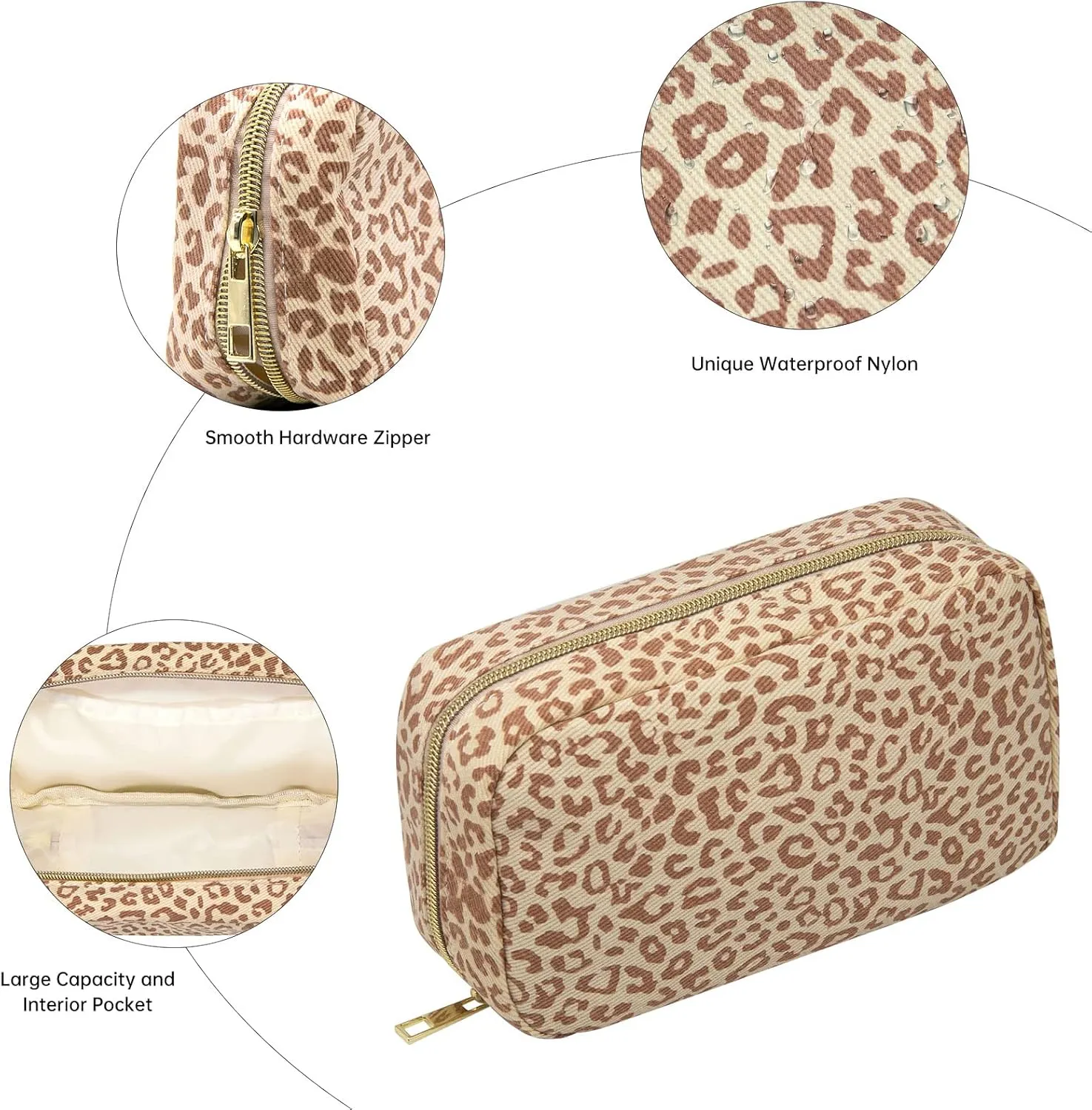 Long Keeper Cosmetic Bags for Women - Water Resistant Make Up Pouch Travel Zipper Toiletry Bag Makeup Organizer (Leopard)