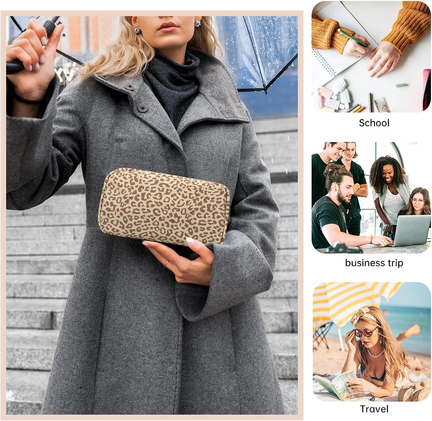 Long Keeper Cosmetic Bags for Women - Water Resistant Make Up Pouch Travel Zipper Toiletry Bag Makeup Organizer (Leopard)