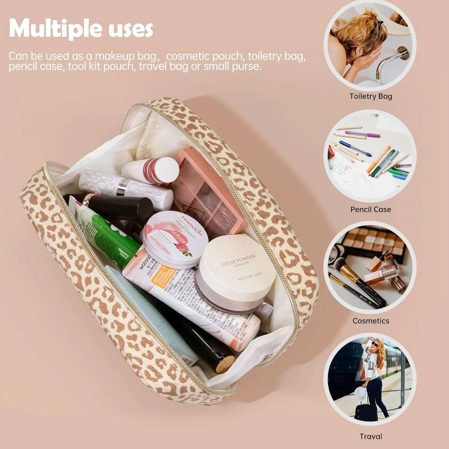Long Keeper Cosmetic Bags for Women - Water Resistant Make Up Pouch Travel Zipper Toiletry Bag Makeup Organizer (Leopard)