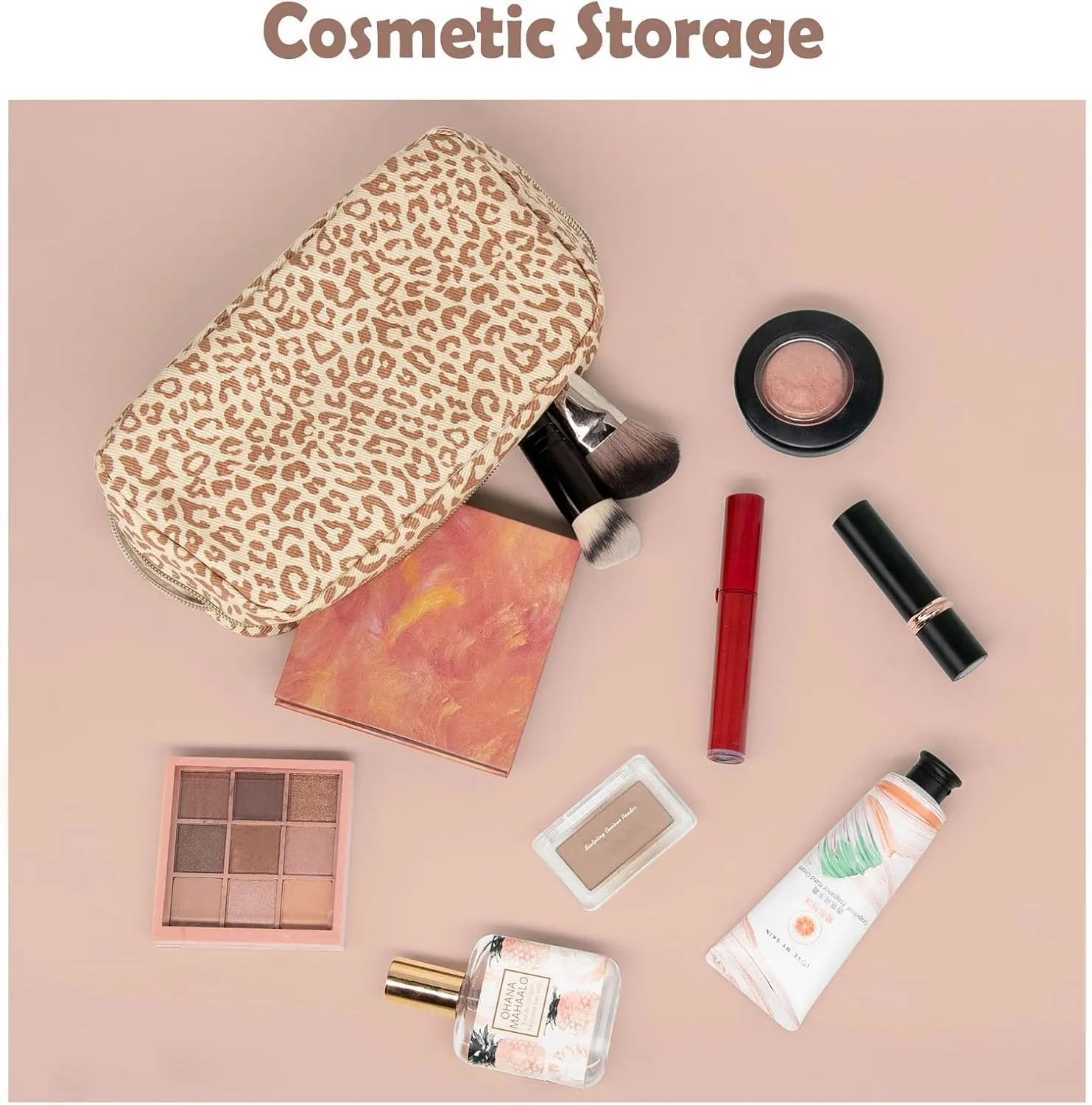 Long Keeper Cosmetic Bags for Women - Water Resistant Make Up Pouch Travel Zipper Toiletry Bag Makeup Organizer (Leopard)