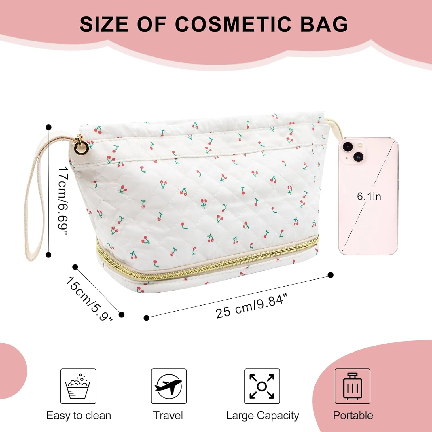 Long Keeper Floral Aesthetic Cosmetic Bag Women Cotton Double Layer Large Make Up Bag Flower Travel Toiletry Organizer Bag (Cherry)