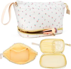 Long Keeper Floral Aesthetic Cosmetic Bag Women Cotton Double Layer Large Make Up Bag Flower Travel Toiletry Organizer Bag (Cherry)