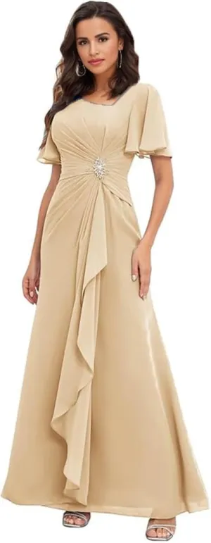 Long Mother of The Bride Dresses with Sleeves V Neck Ruffles Beaded A Line Chiffon Formal Wedding Guest Dress