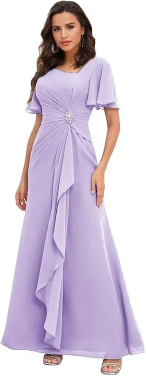 Long Mother of The Bride Dresses with Sleeves V Neck Ruffles Beaded A Line Chiffon Formal Wedding Guest Dress