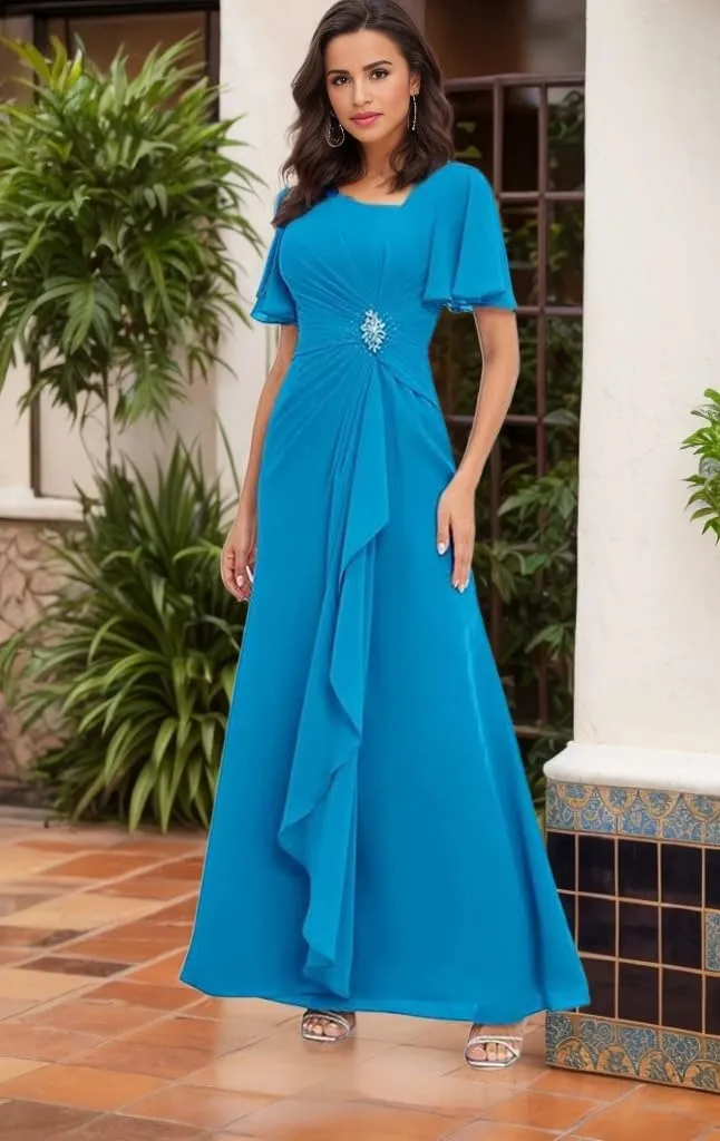 Long Mother of The Bride Dresses with Sleeves V Neck Ruffles Beaded A Line Chiffon Formal Wedding Guest Dress