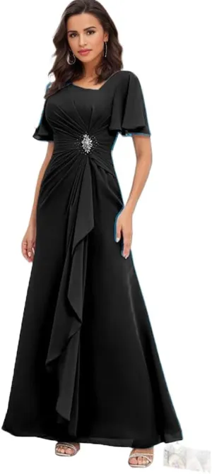 Long Mother of The Bride Dresses with Sleeves V Neck Ruffles Beaded A Line Chiffon Formal Wedding Guest Dress