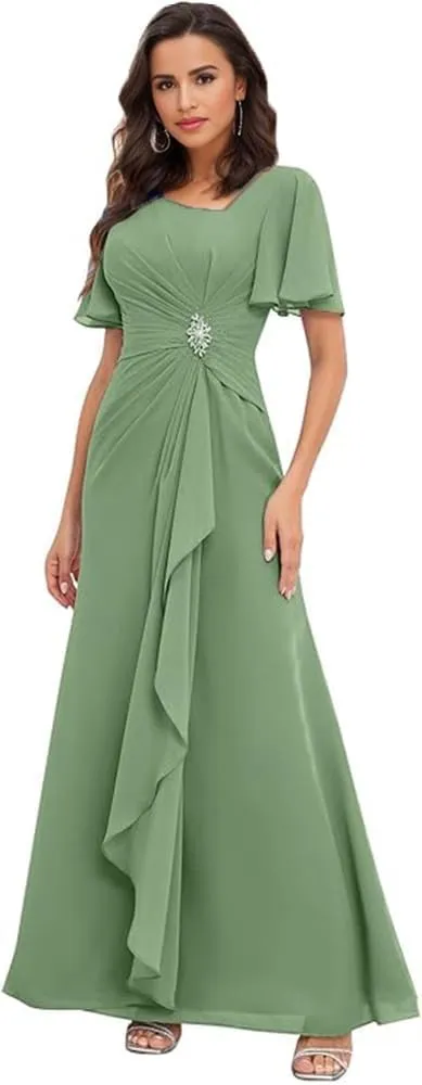 Long Mother of The Bride Dresses with Sleeves V Neck Ruffles Beaded A Line Chiffon Formal Wedding Guest Dress