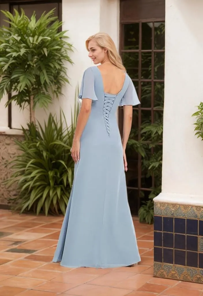 Long Mother of The Bride Dresses with Sleeves V Neck Ruffles Beaded A Line Chiffon Formal Wedding Guest Dress
