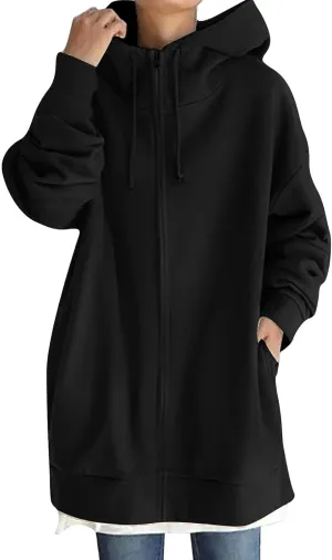 Long Zip Up Hoodies for Women Casual Long Sleeve Hooded Fleece Jackets Loose Fit Tunic Fall Sweatshirts with Pockets