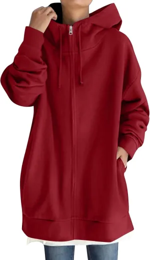 Long Zip Up Hoodies for Women Casual Long Sleeve Hooded Fleece Jackets Loose Fit Tunic Fall Sweatshirts with Pockets