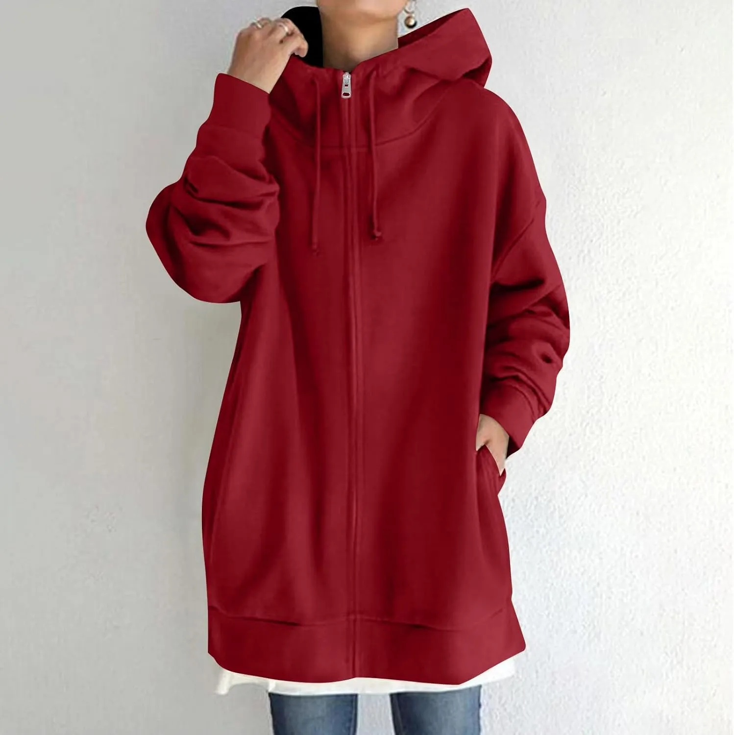 Long Zip Up Hoodies for Women Casual Long Sleeve Hooded Fleece Jackets Loose Fit Tunic Fall Sweatshirts with Pockets