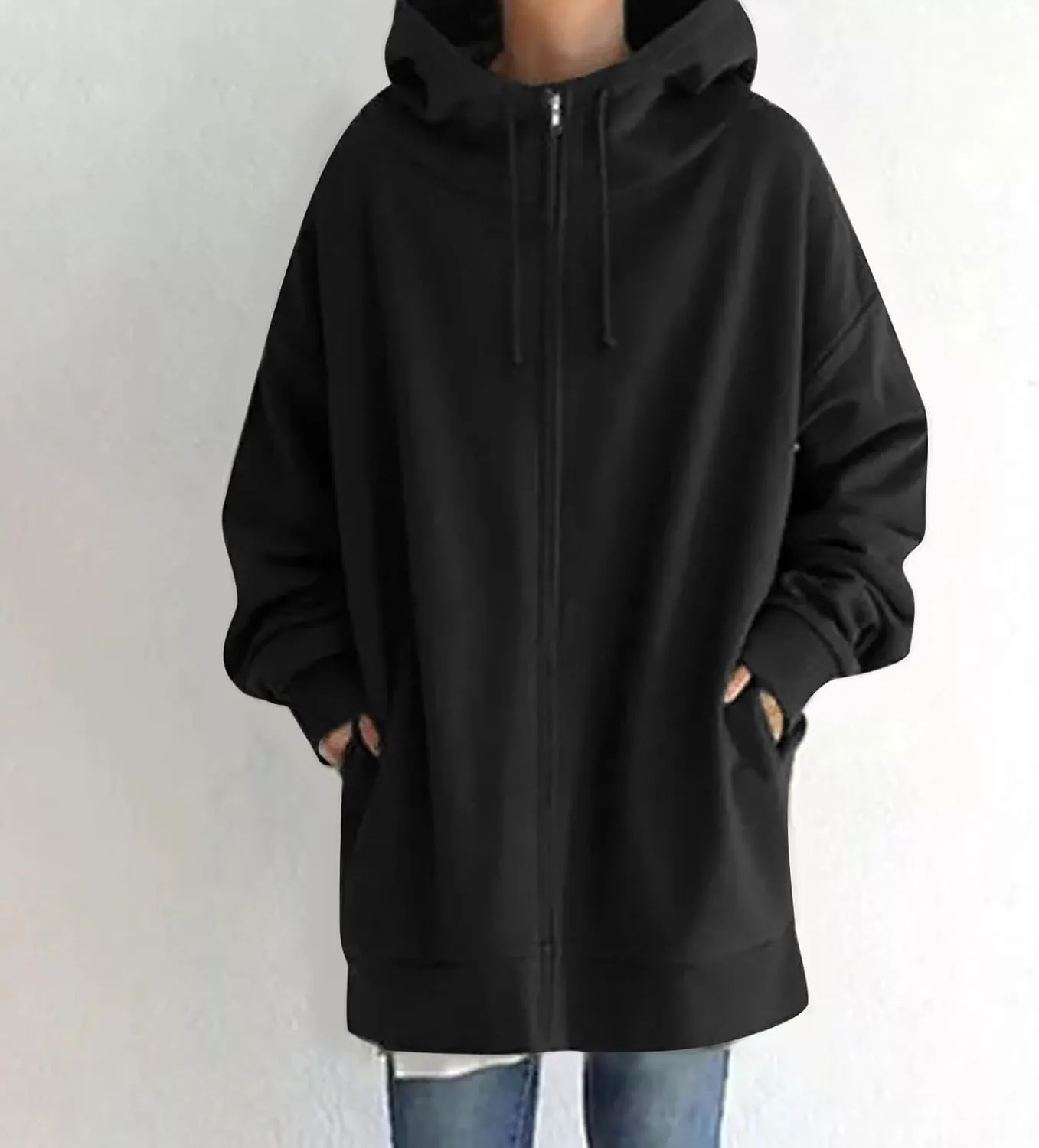 Long Zip Up Hoodies for Women Casual Long Sleeve Hooded Fleece Jackets Loose Fit Tunic Fall Sweatshirts with Pockets