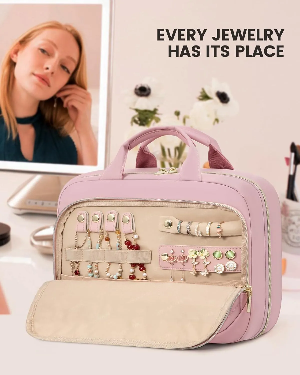 LOVEVOOK Travel Toiletry Bag for Women, Waterproof Hanging Makeup Bag with Jewelry Compartment, Come with TSA Approved Clear Cosmetic Bag for Trips Camping Bathroom(Pink,12.5 Inch 2-piece set)
