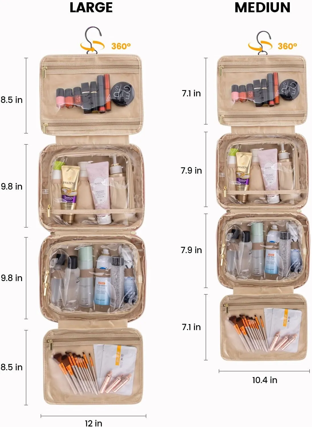 LOVEVOOK Travel Toiletry Bag for Women, Waterproof Hanging Makeup Bag with Jewelry Compartment, Come with TSA Approved Clear Cosmetic Bag for Trips Camping Bathroom(Pink,12.5 Inch 2-piece set)