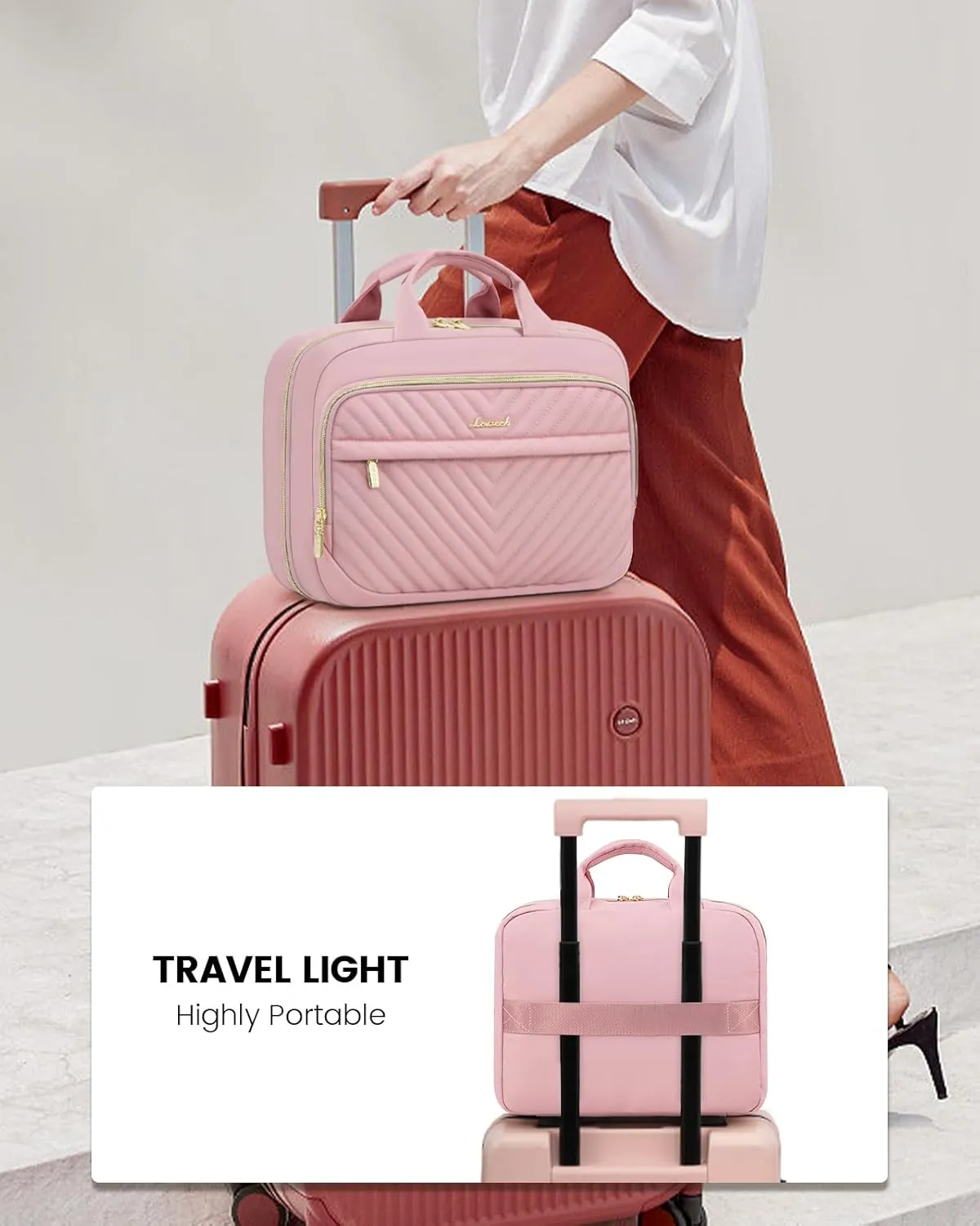 LOVEVOOK Travel Toiletry Bag for Women, Waterproof Hanging Makeup Bag with Jewelry Compartment, Come with TSA Approved Clear Cosmetic Bag for Trips Camping Bathroom(Pink,12.5 Inch 2-piece set)